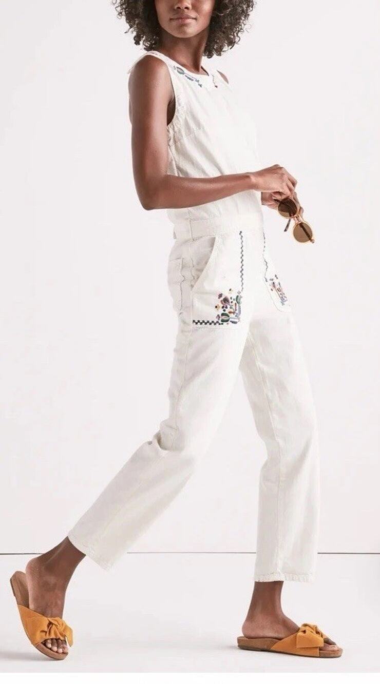 Lucky Brand Tomboy Jumpsuit Women’s XS Ivory Embroidered Boho Casual Retro